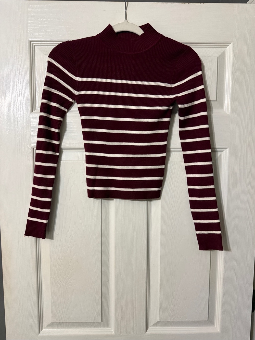 Love Tree Wine & White Striped Ribbed Mock Neck Sweater